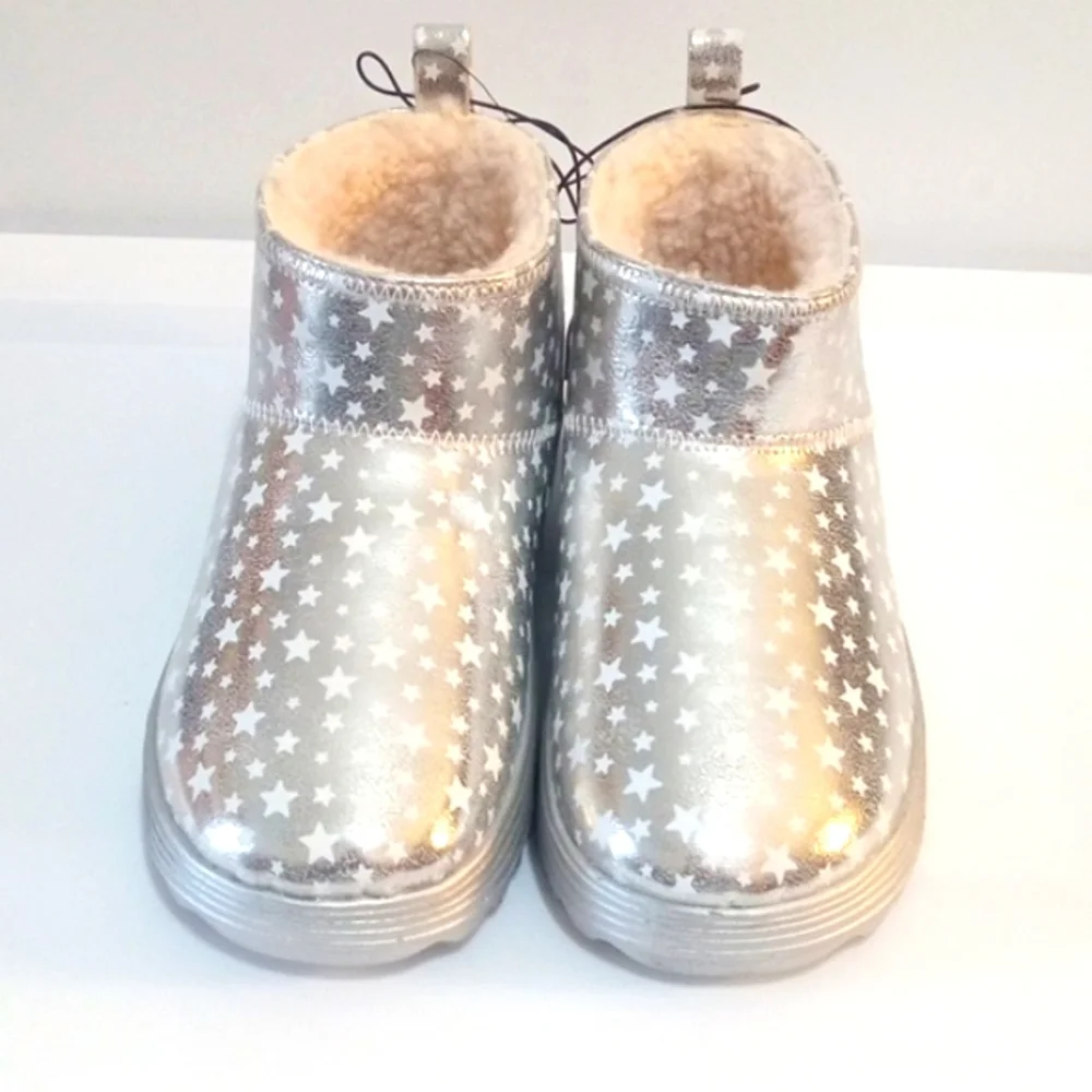 ROXY GIRLS METALLIC SILVER STAR SPANGLED SHERPA LINED ANKLE BOOTIES SIZE 3 NWT